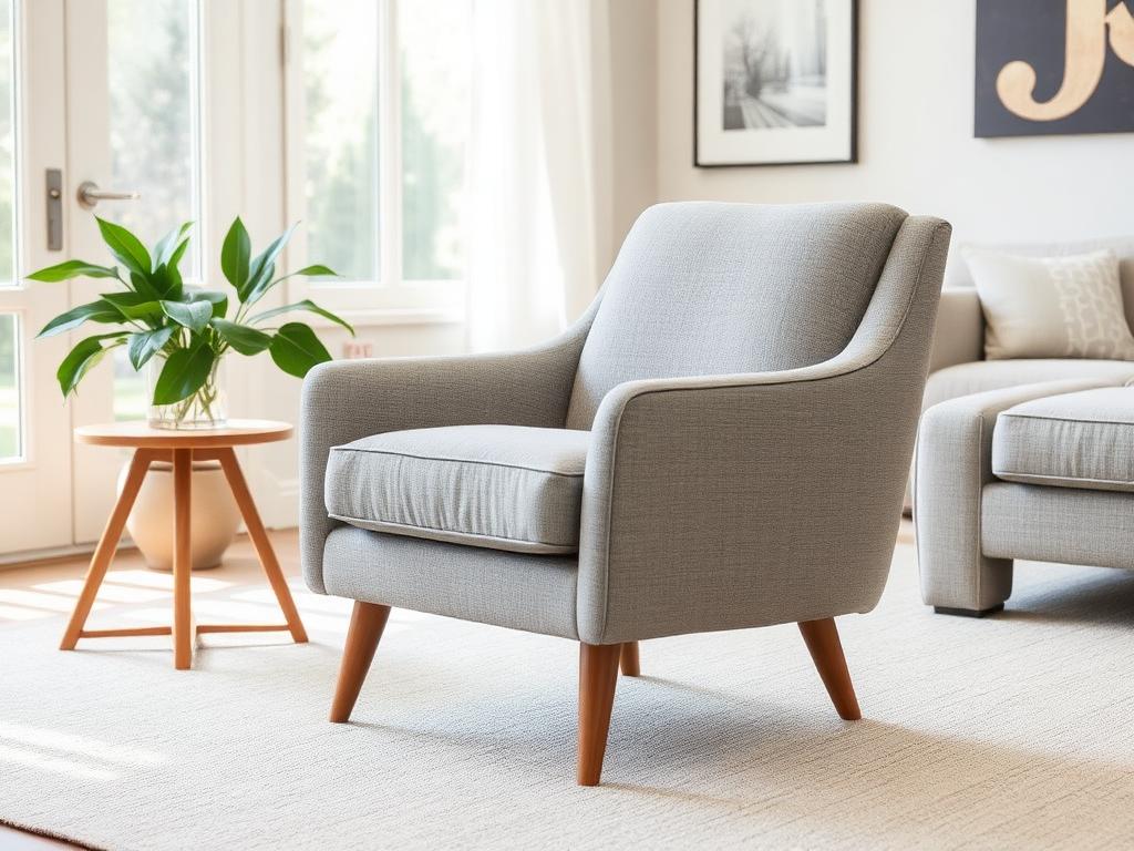 Gray upholstered accent chair with wooden legs