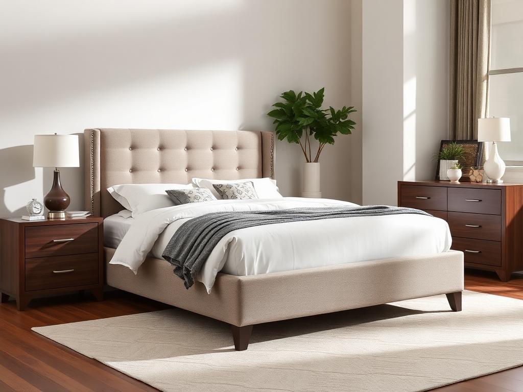 Upholstered queen bed with nightstands and dresser