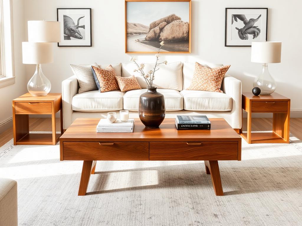 Wooden coffee table with matching end tables in a styled living room