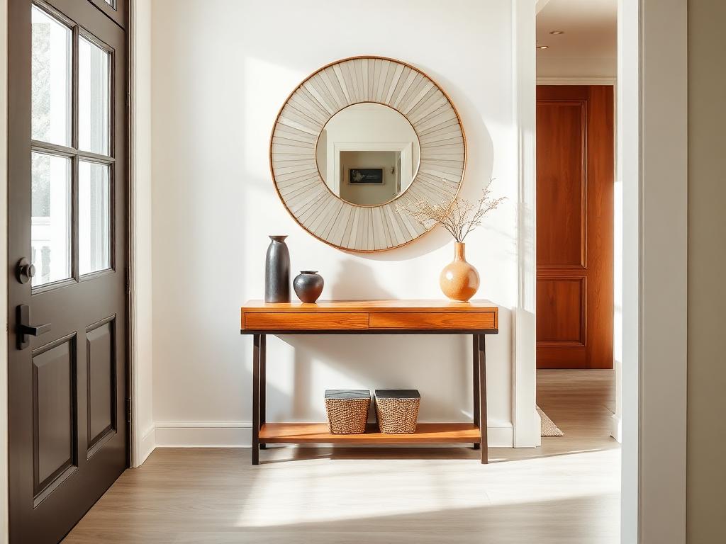 Wooden entryway console table with mirror above