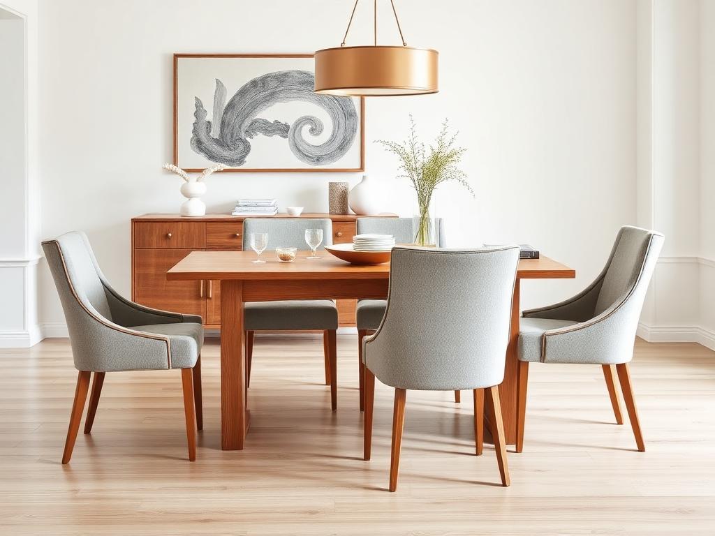 Wooden dining table with upholstered chairs