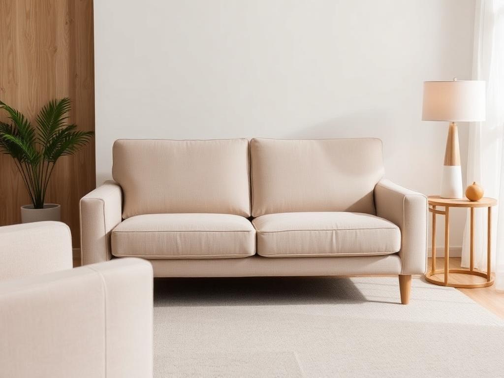 Beige fabric loveseat in a bright living room