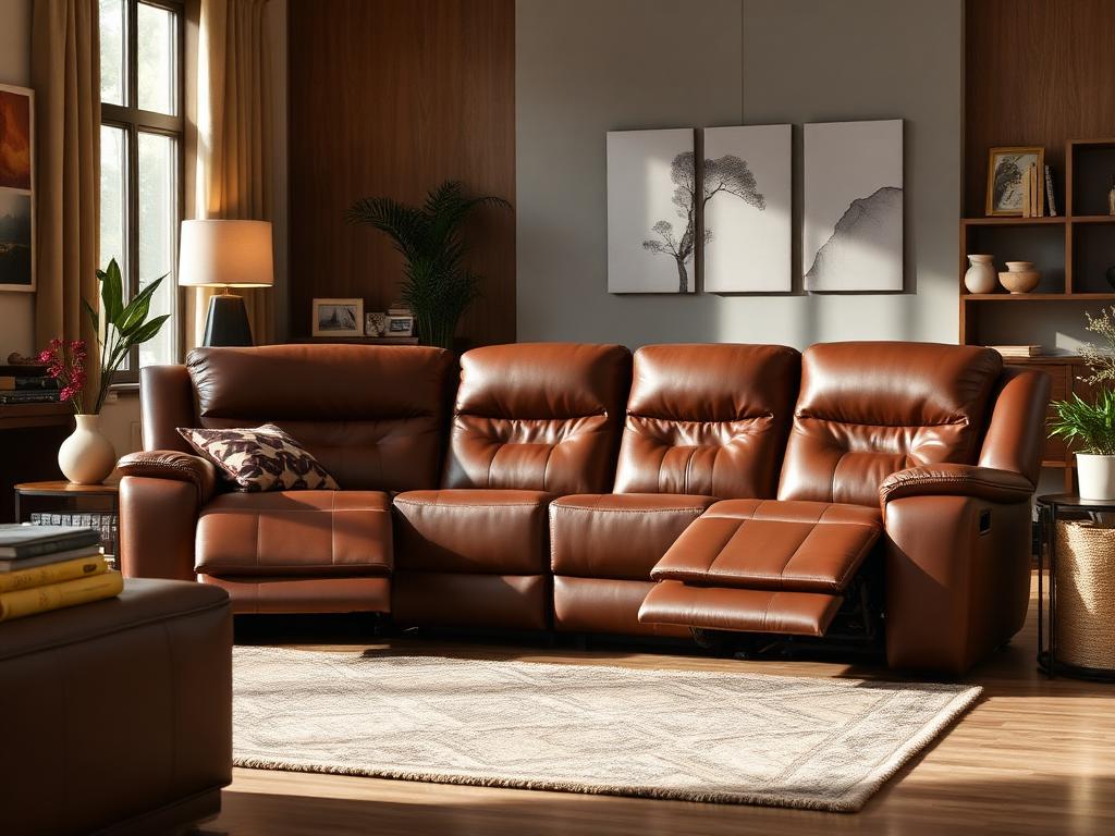Brown leather power reclining sofa in a cozy living room