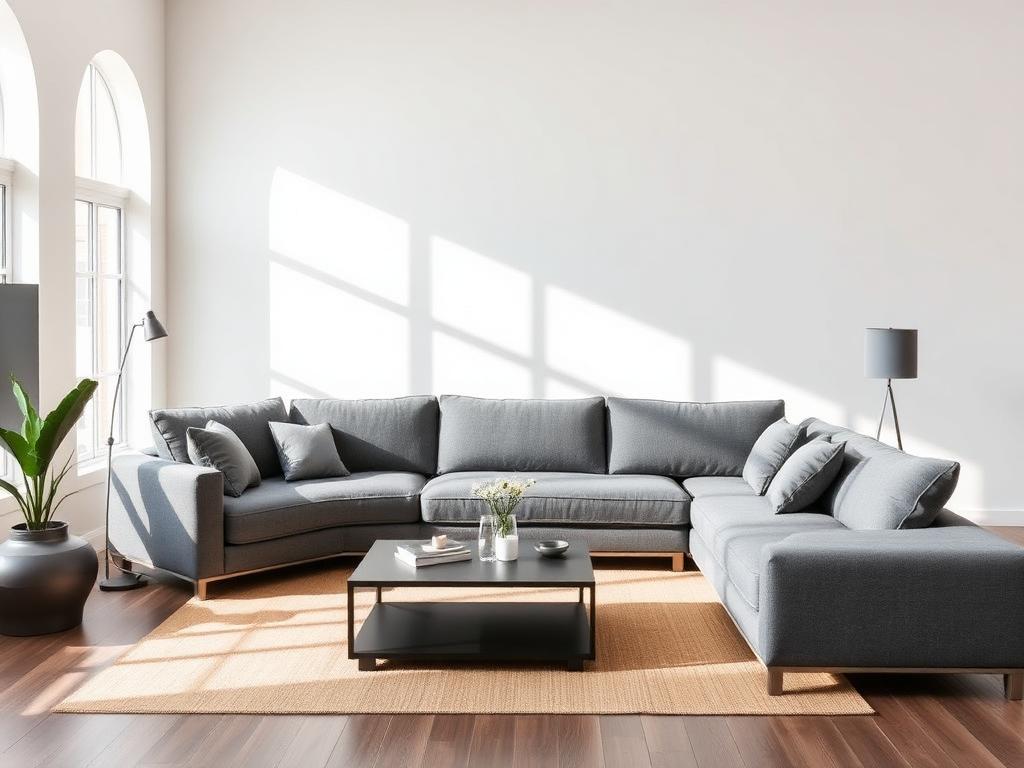 Modern gray fabric sectional sofa in a styled living room